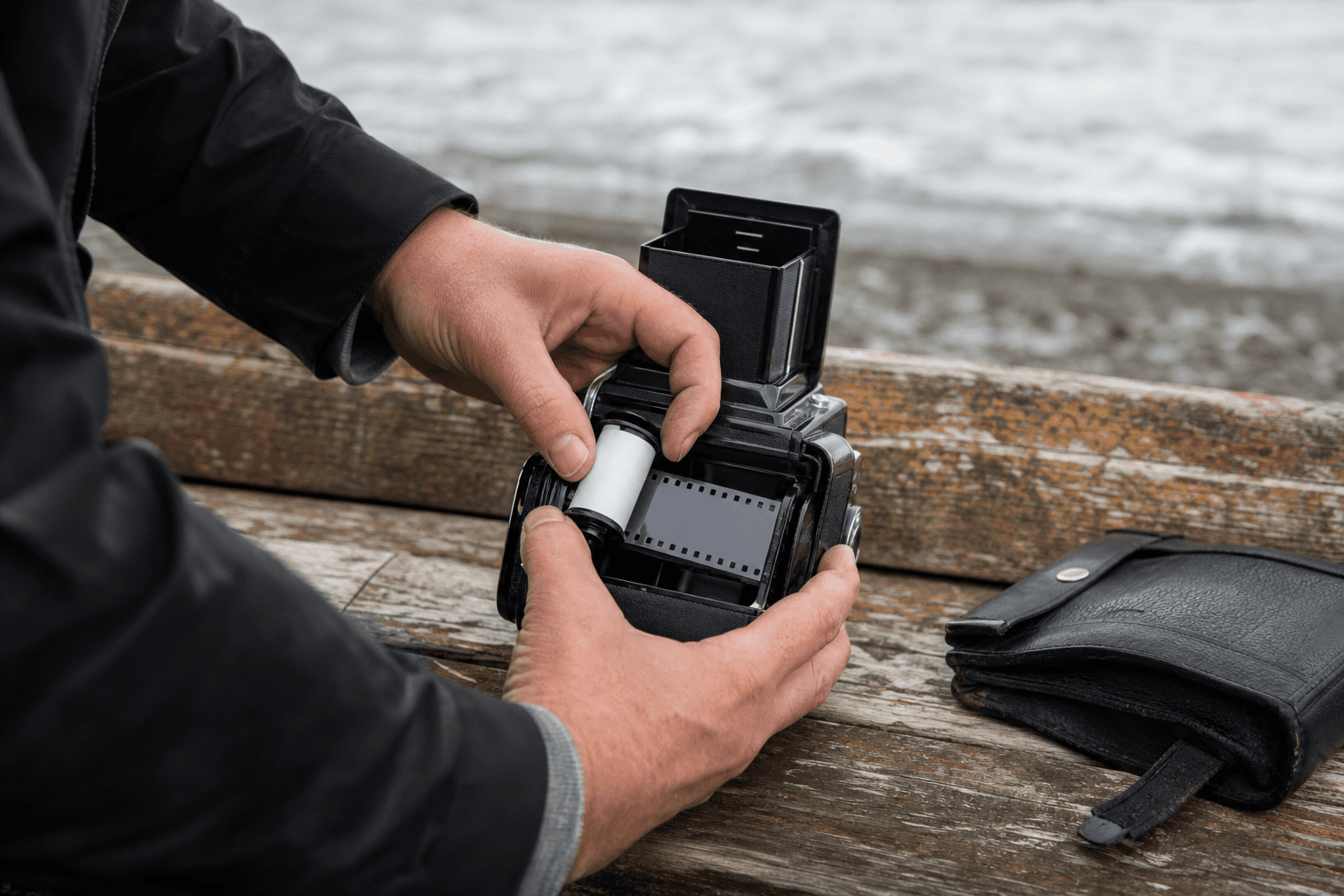 Interprétation visuelle de mains chargeant une pellicule dans un appareil photographique.