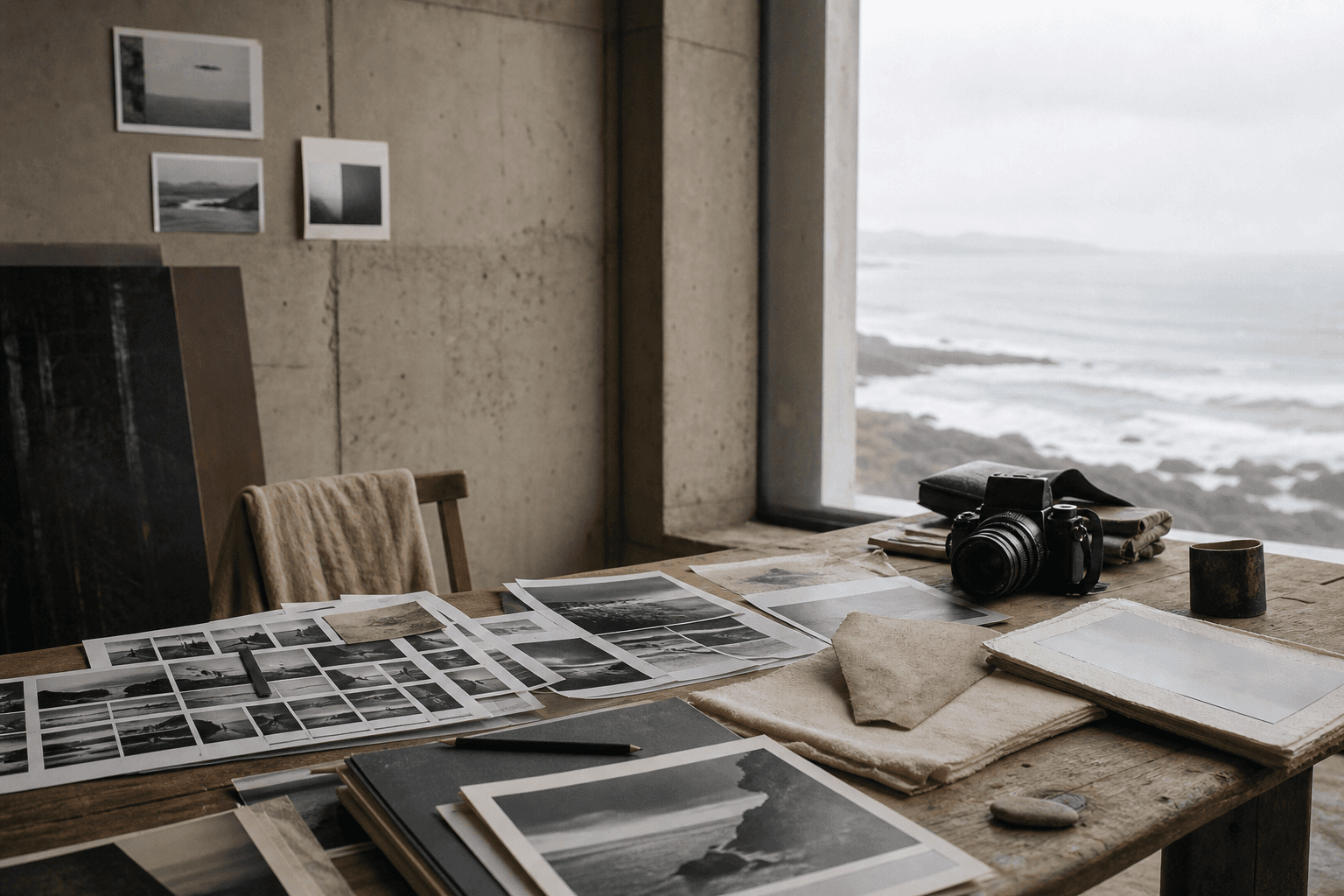 Interprétation visuelle d’une table d’édition photographique face à la mer.