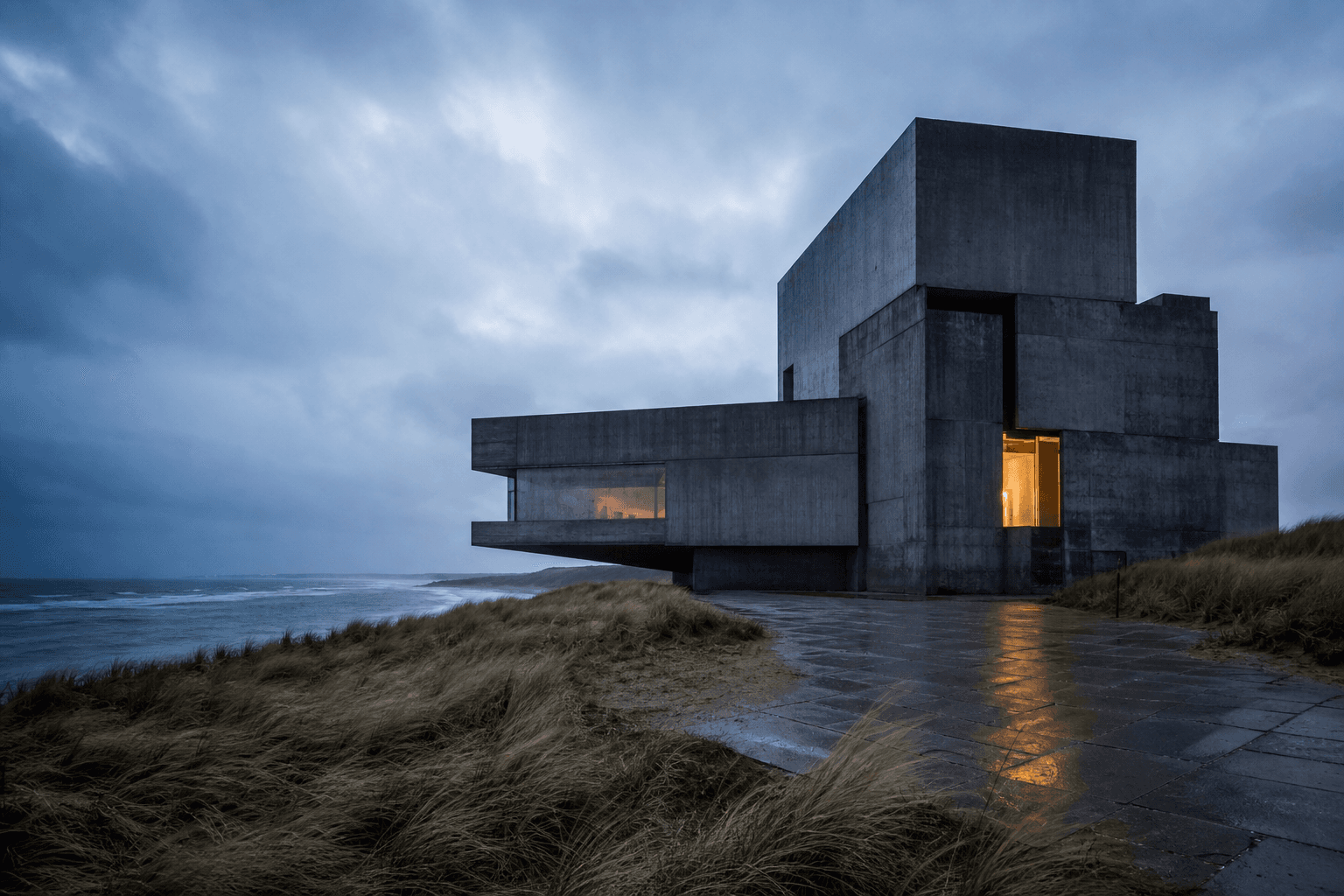 Interprétation visuelle d’une architecture de béton sur un littoral venteux.