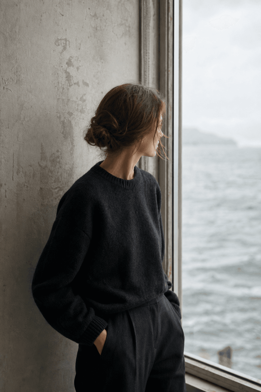 Interprétation visuelle d’une silhouette de profil près d’une fenêtre ouverte sur la mer.